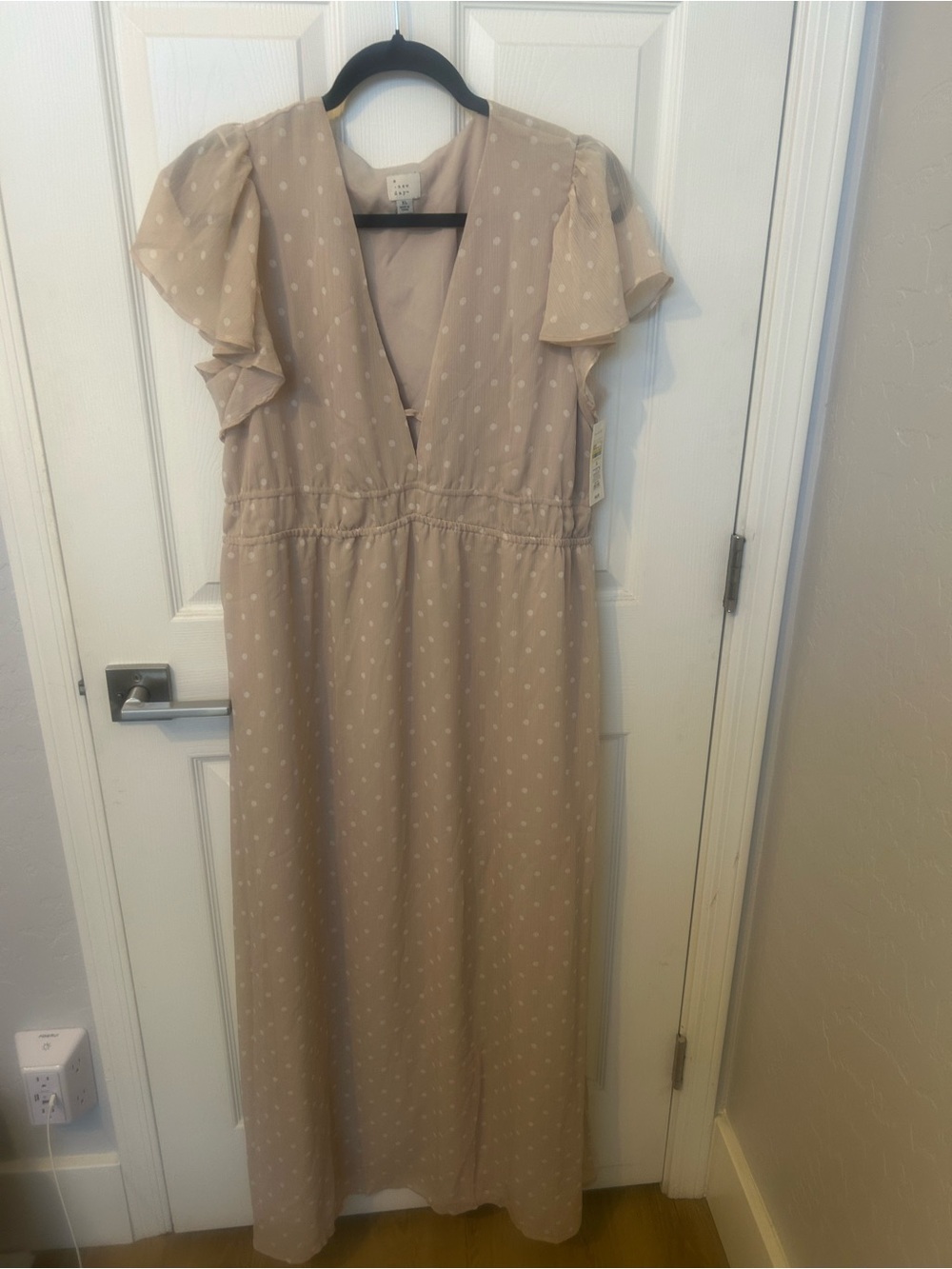 a new day Beige Polka Dot Flutter Sleeve Maxi Dress